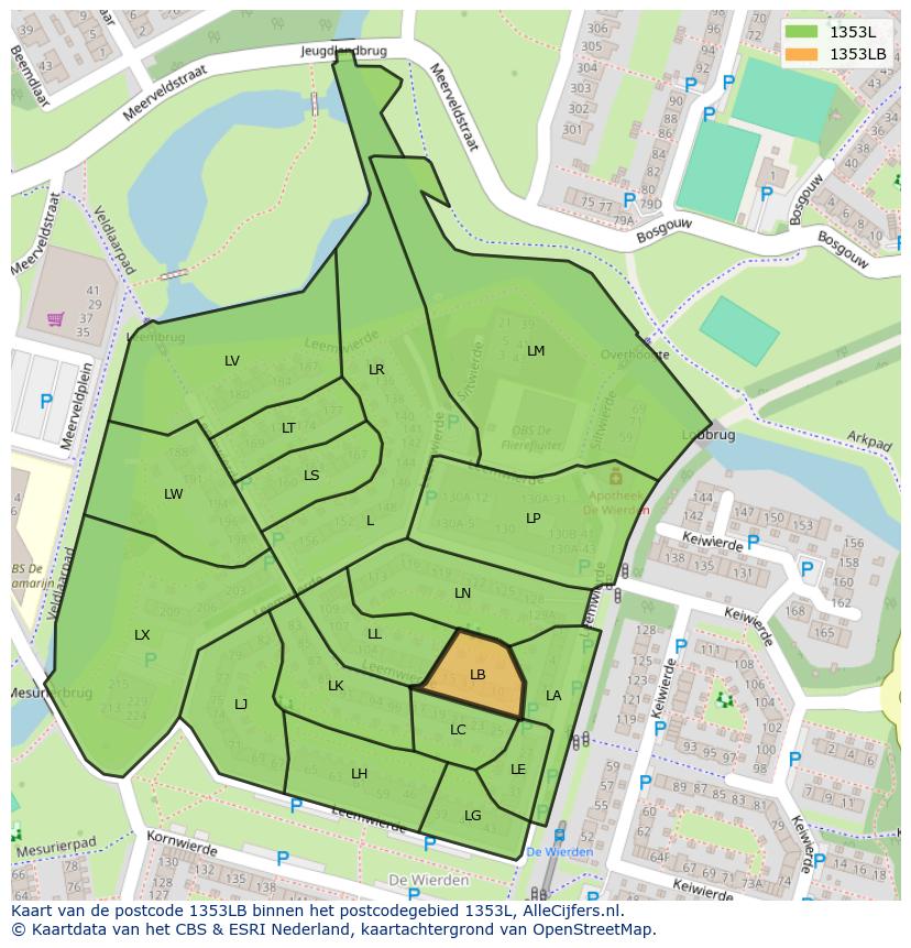 Afbeelding van het postcodegebied 1353 LB op de kaart.