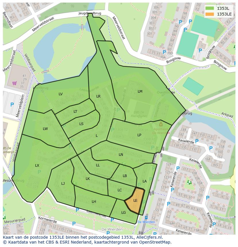 Afbeelding van het postcodegebied 1353 LE op de kaart.