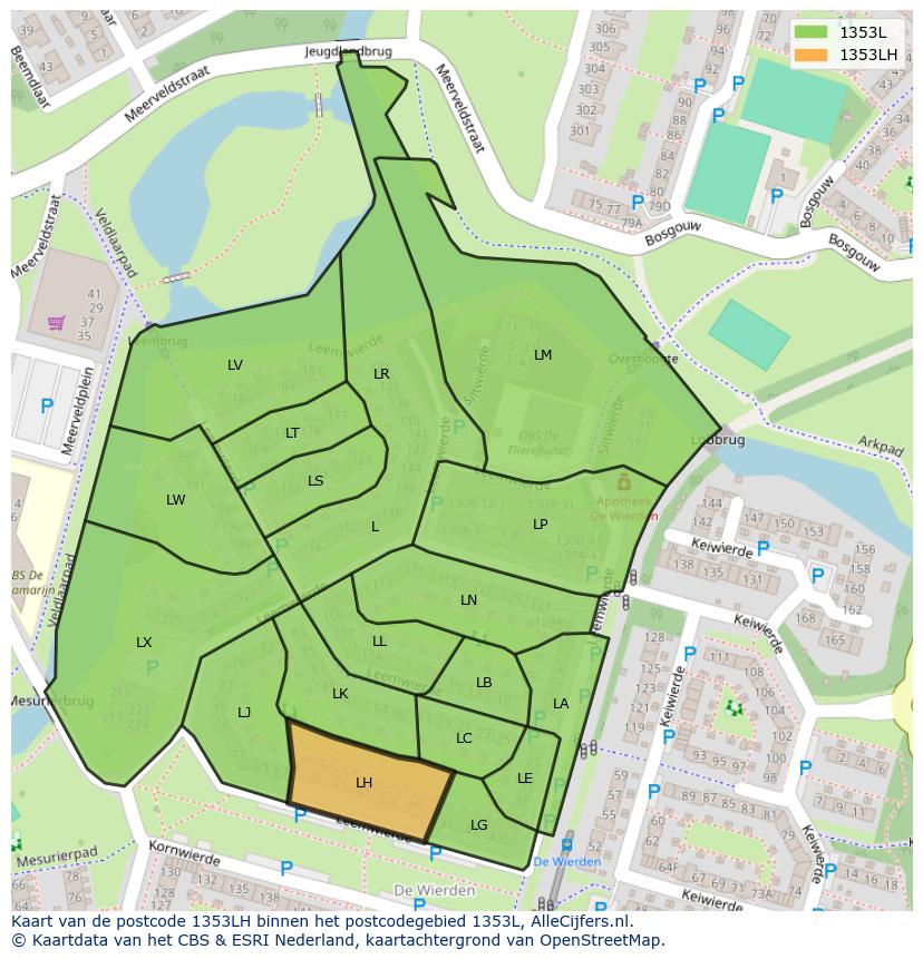 Afbeelding van het postcodegebied 1353 LH op de kaart.