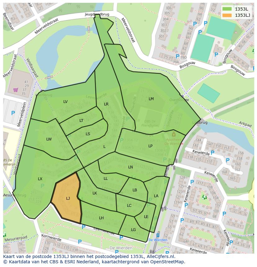 Afbeelding van het postcodegebied 1353 LJ op de kaart.