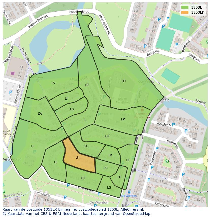 Afbeelding van het postcodegebied 1353 LK op de kaart.
