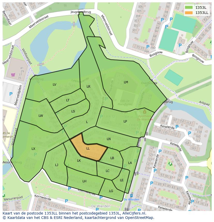 Afbeelding van het postcodegebied 1353 LL op de kaart.