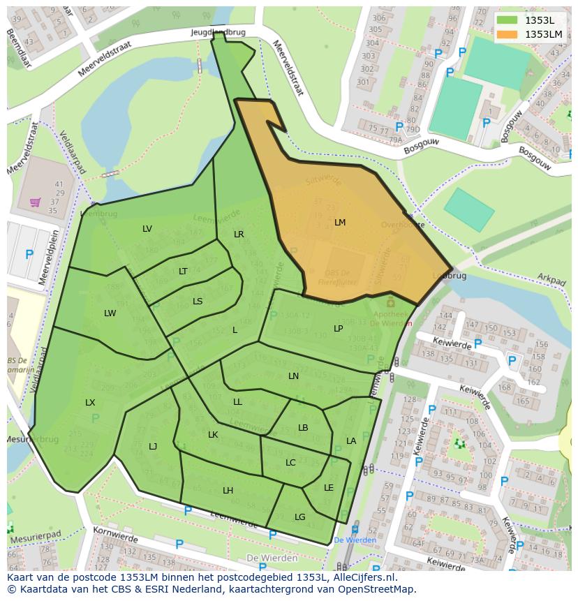 Afbeelding van het postcodegebied 1353 LM op de kaart.