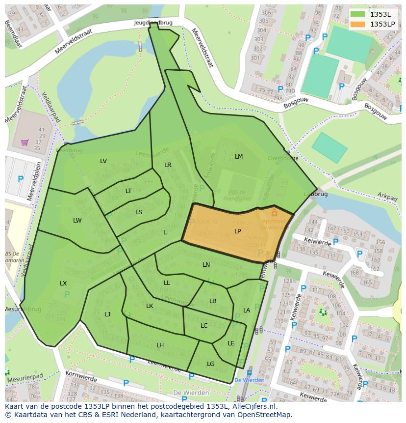 Afbeelding van het postcodegebied 1353 LP op de kaart.