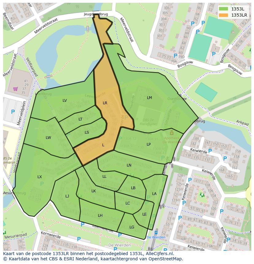 Afbeelding van het postcodegebied 1353 LR op de kaart.