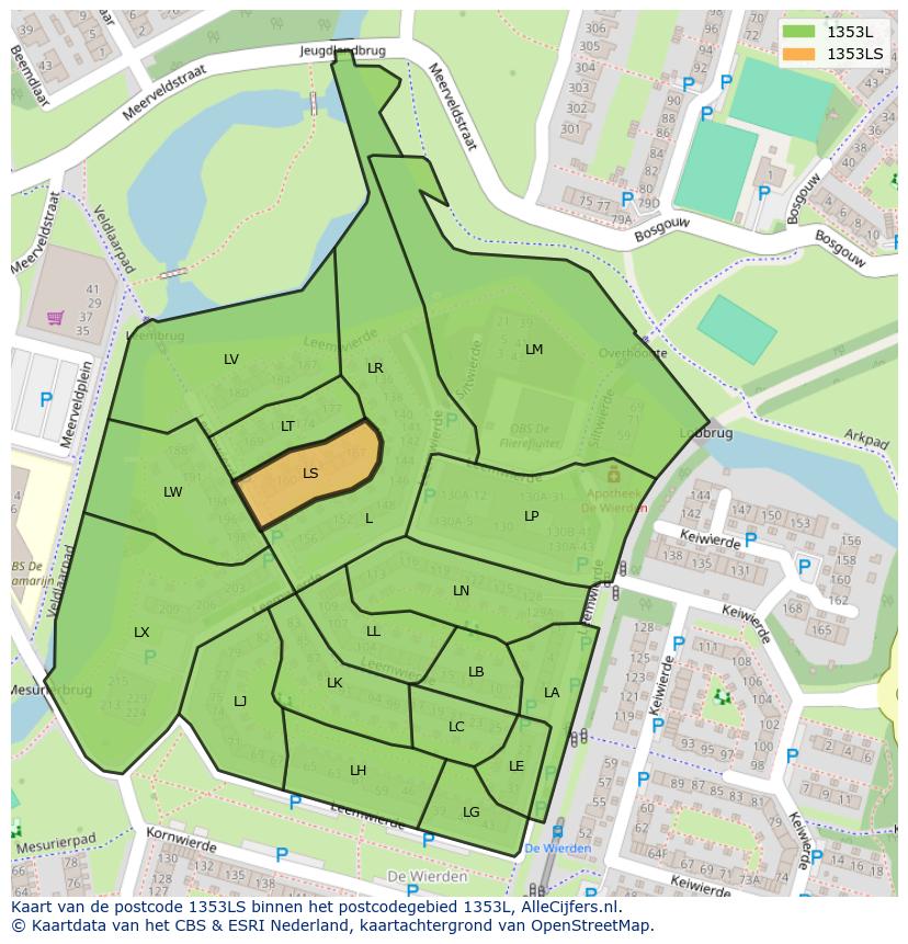 Afbeelding van het postcodegebied 1353 LS op de kaart.