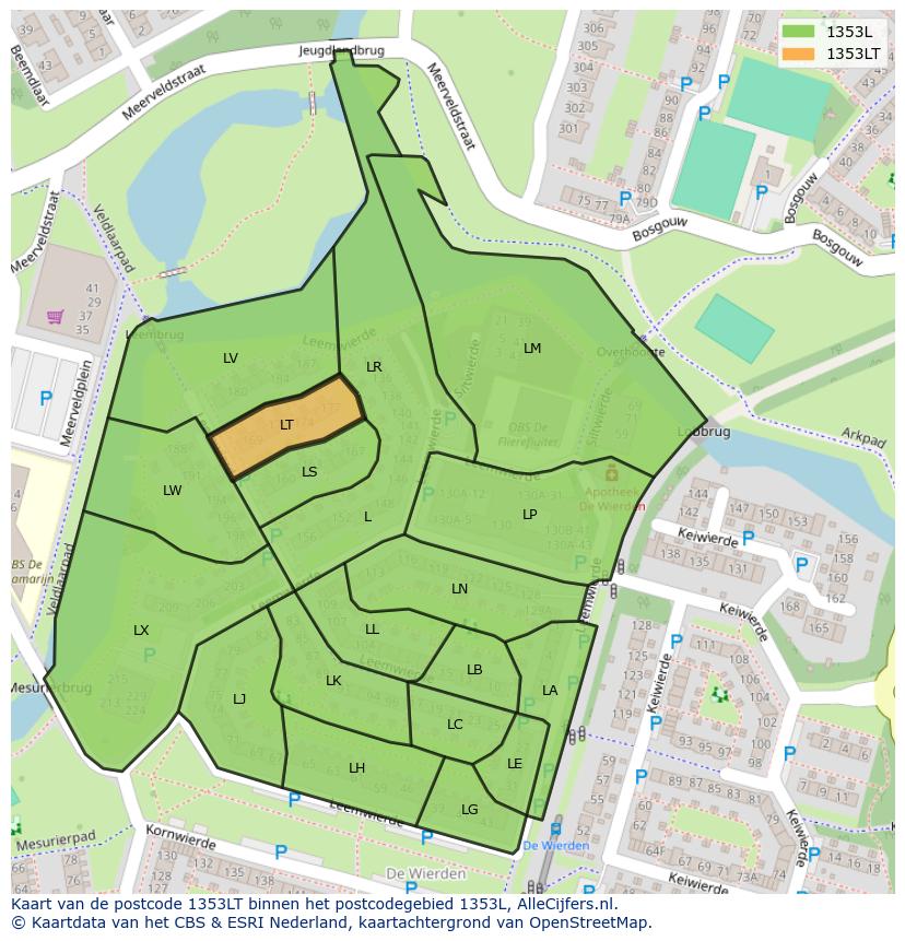 Afbeelding van het postcodegebied 1353 LT op de kaart.