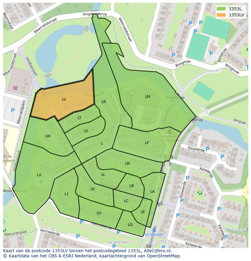 Afbeelding van het postcodegebied 1353 LV op de kaart.