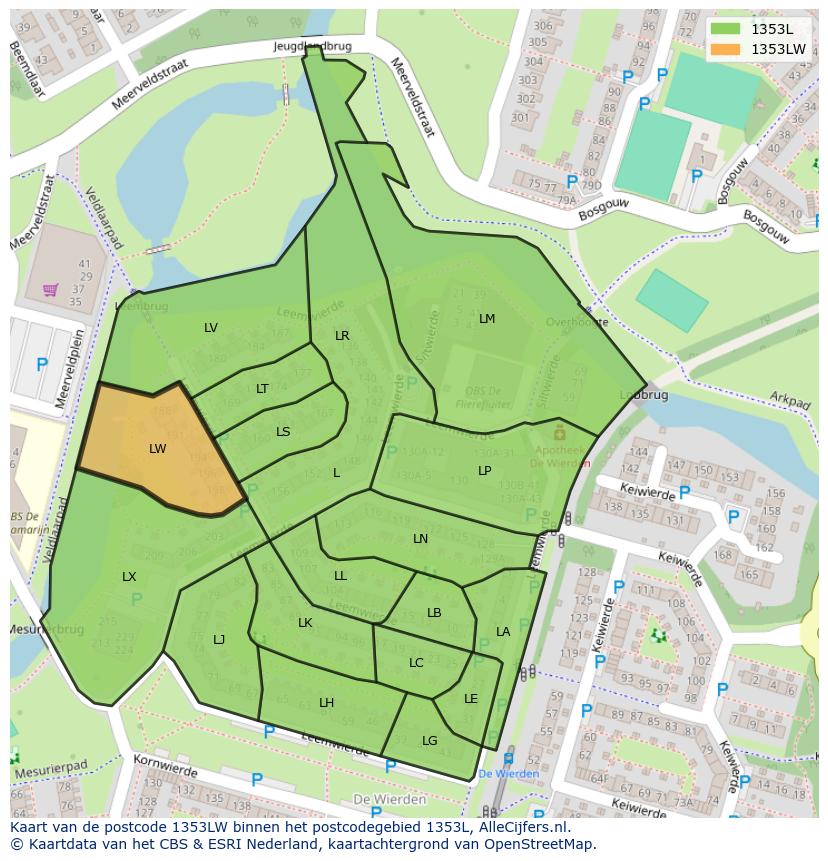 Afbeelding van het postcodegebied 1353 LW op de kaart.