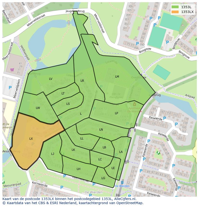Afbeelding van het postcodegebied 1353 LX op de kaart.