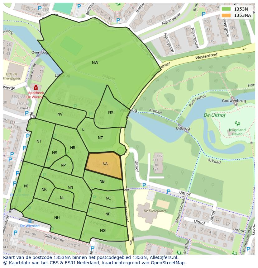 Afbeelding van het postcodegebied 1353 NA op de kaart.