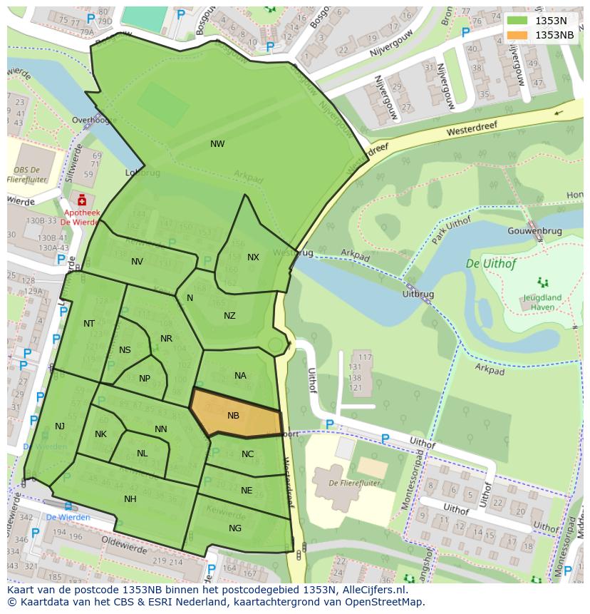 Afbeelding van het postcodegebied 1353 NB op de kaart.