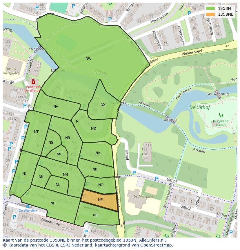 Afbeelding van het postcodegebied 1353 NE op de kaart.