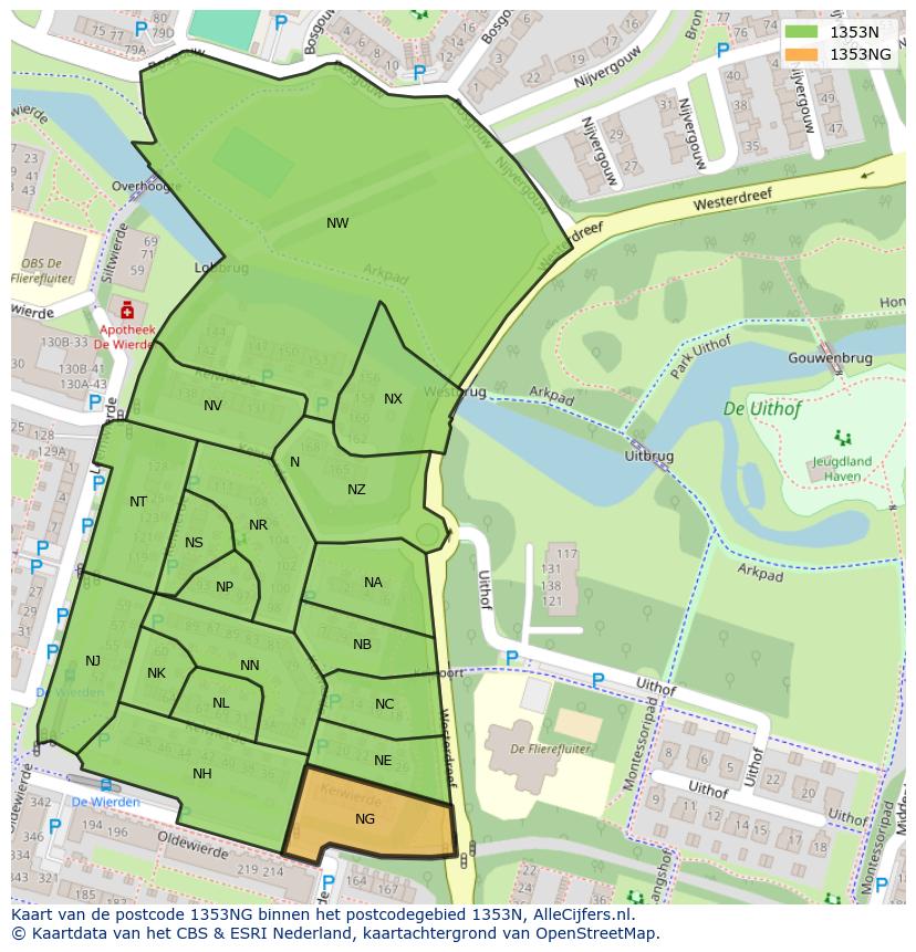 Afbeelding van het postcodegebied 1353 NG op de kaart.