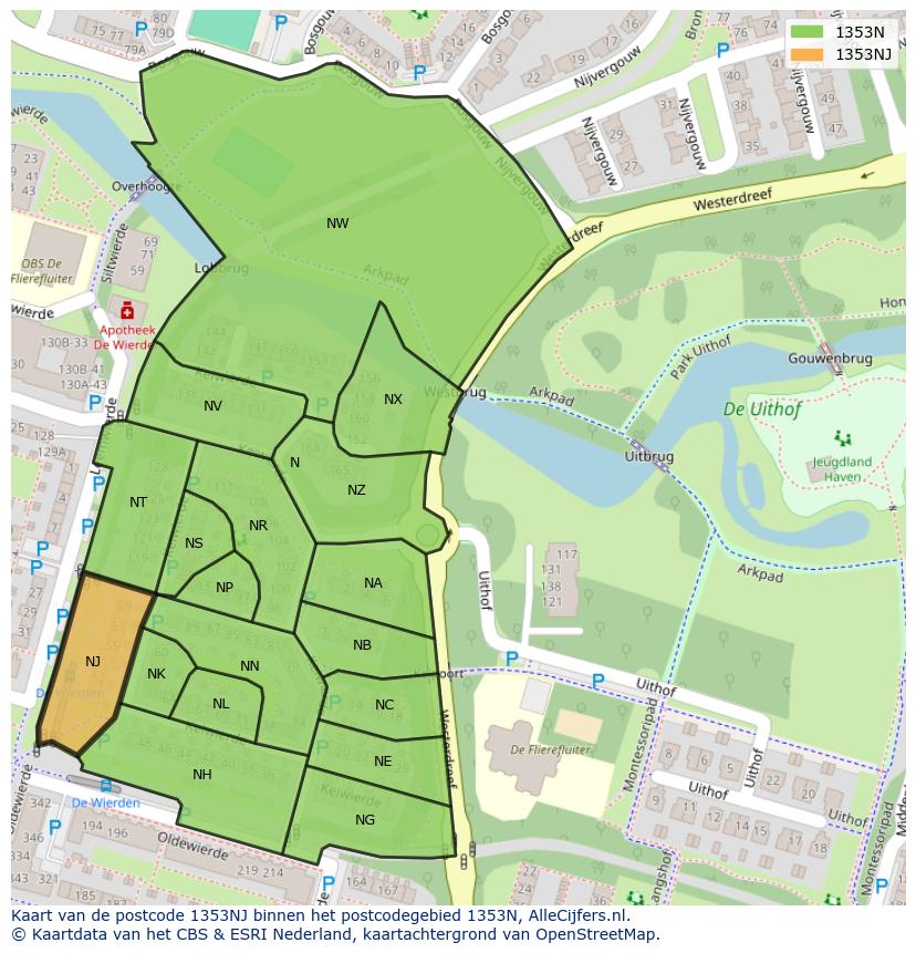 Afbeelding van het postcodegebied 1353 NJ op de kaart.