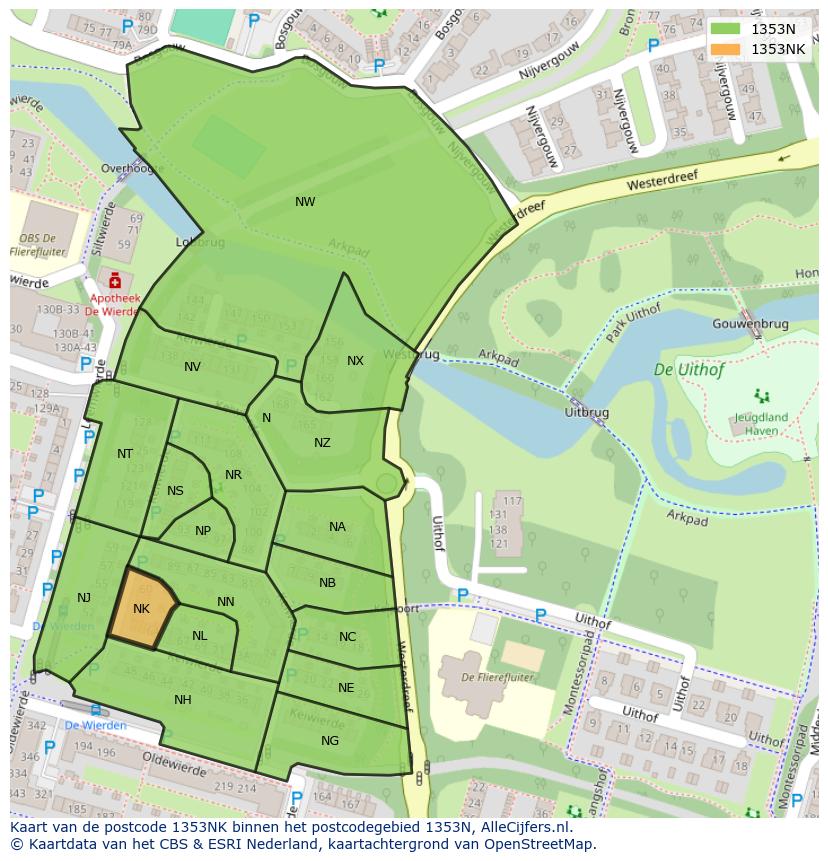 Afbeelding van het postcodegebied 1353 NK op de kaart.