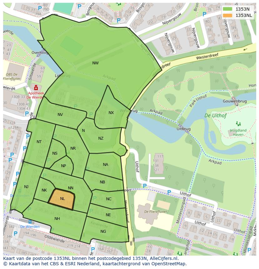 Afbeelding van het postcodegebied 1353 NL op de kaart.