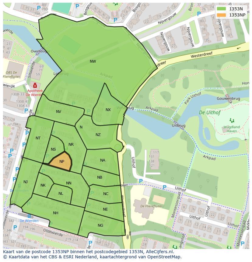 Afbeelding van het postcodegebied 1353 NP op de kaart.