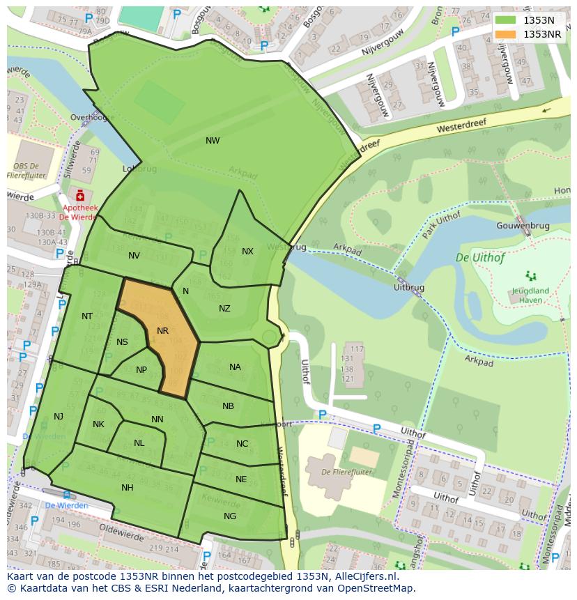 Afbeelding van het postcodegebied 1353 NR op de kaart.