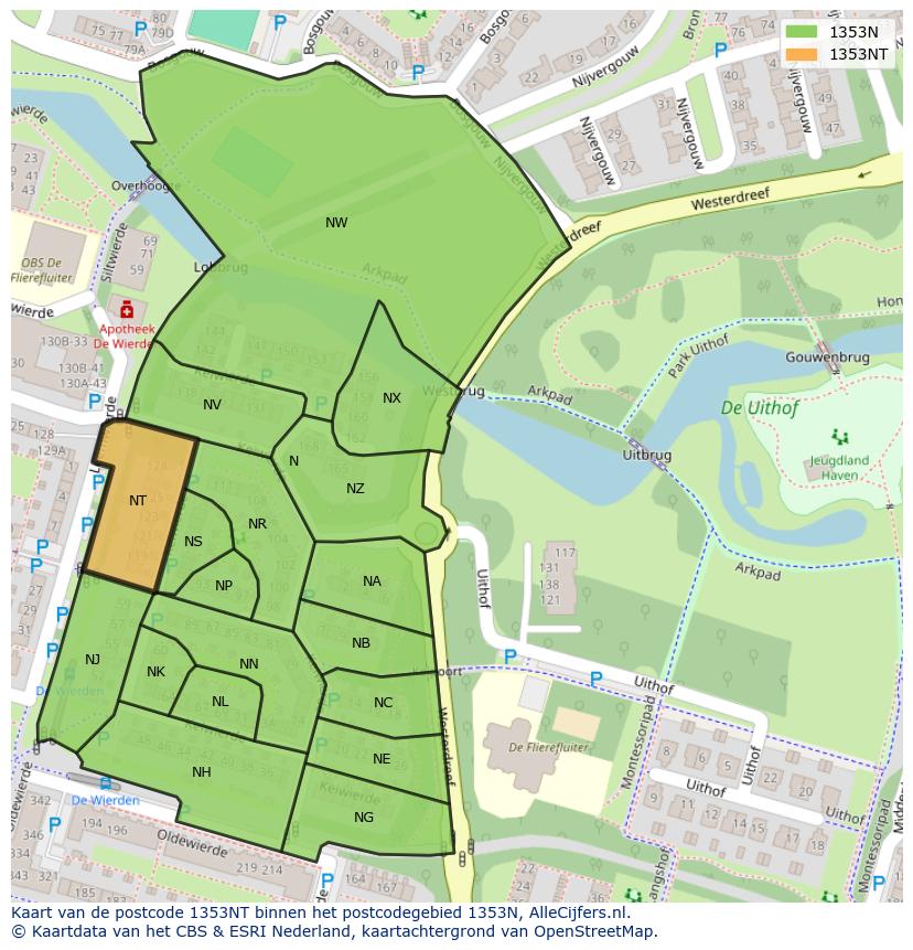 Afbeelding van het postcodegebied 1353 NT op de kaart.
