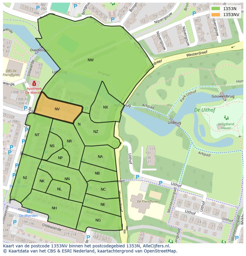 Afbeelding van het postcodegebied 1353 NV op de kaart.
