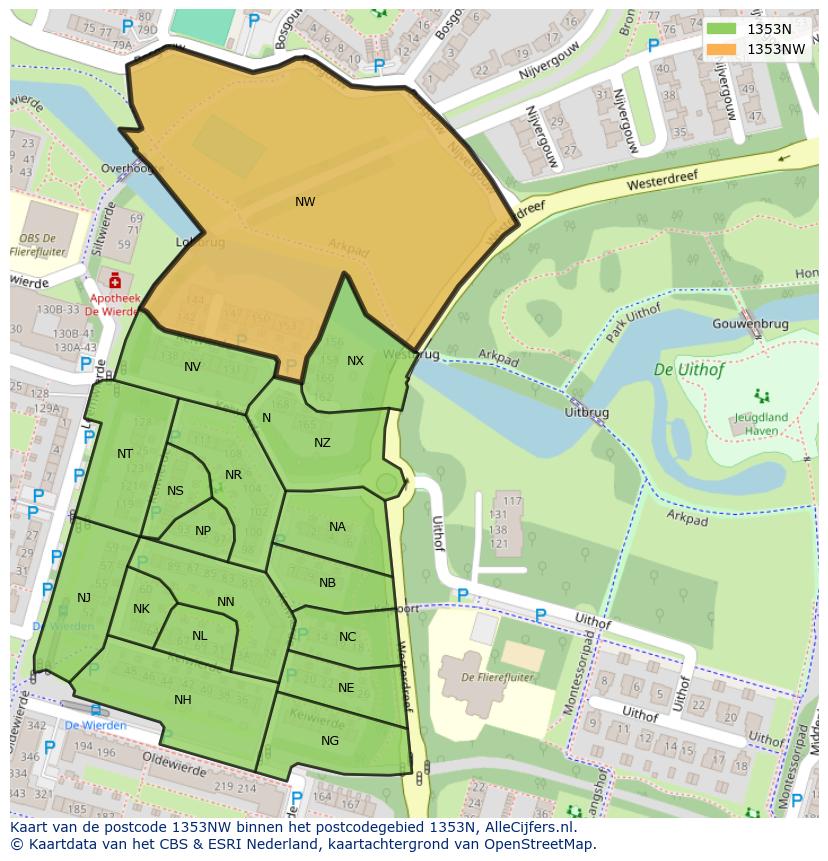 Afbeelding van het postcodegebied 1353 NW op de kaart.