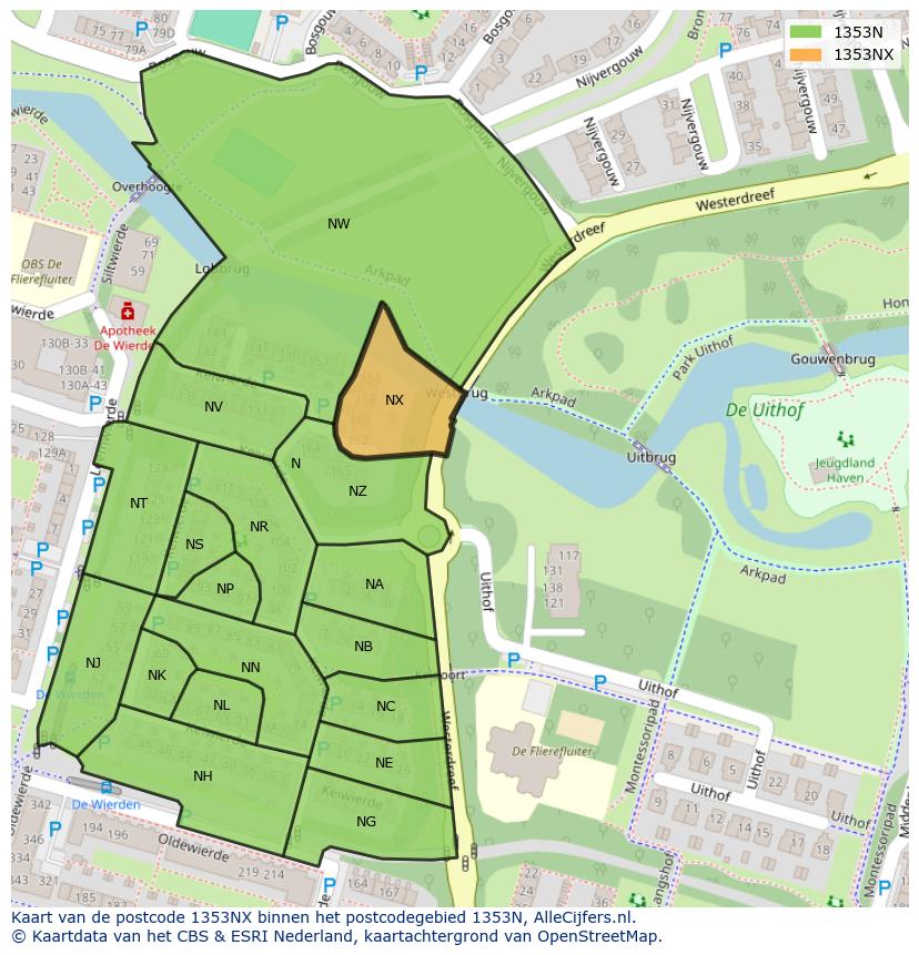 Afbeelding van het postcodegebied 1353 NX op de kaart.