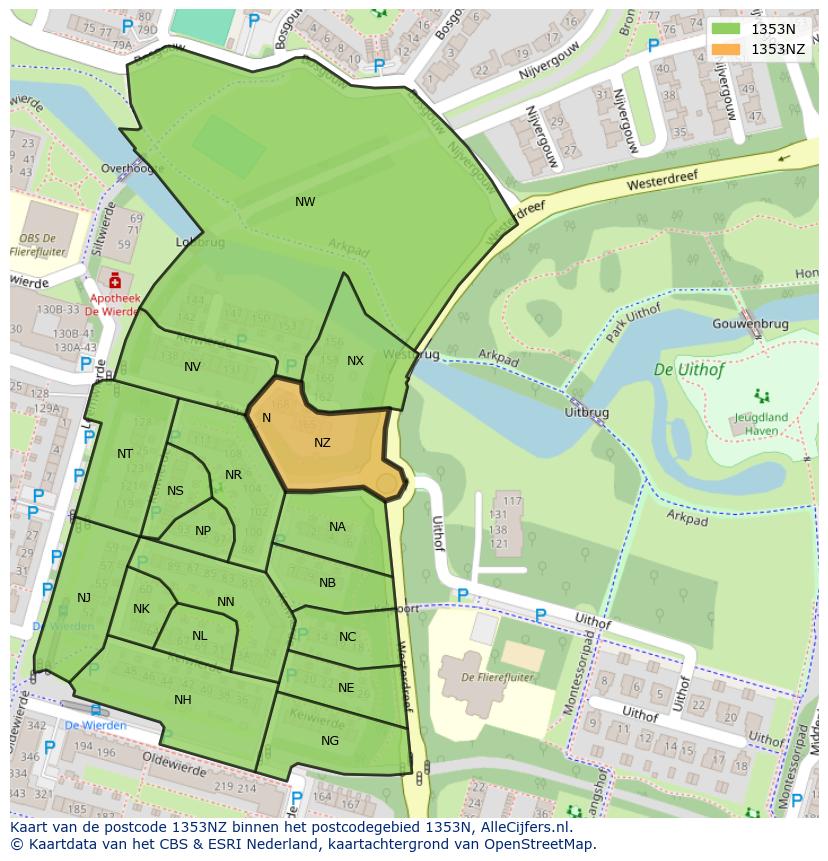 Afbeelding van het postcodegebied 1353 NZ op de kaart.