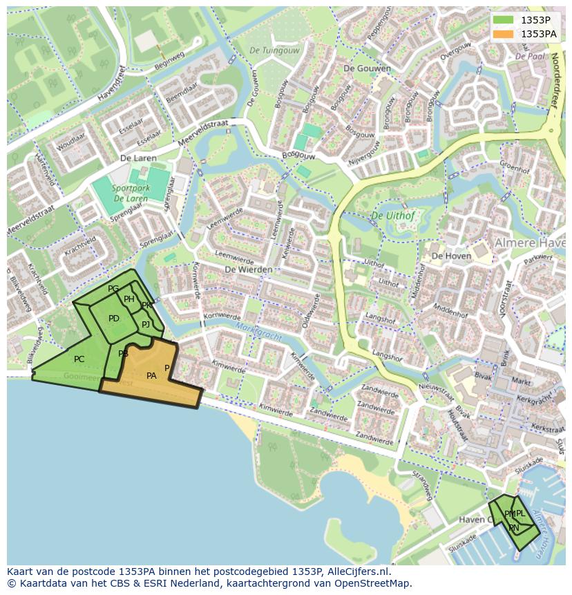 Afbeelding van het postcodegebied 1353 PA op de kaart.