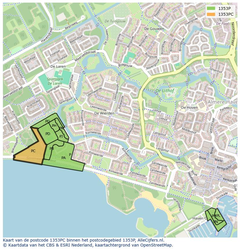 Afbeelding van het postcodegebied 1353 PC op de kaart.