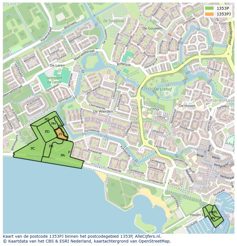 Afbeelding van het postcodegebied 1353 PJ op de kaart.