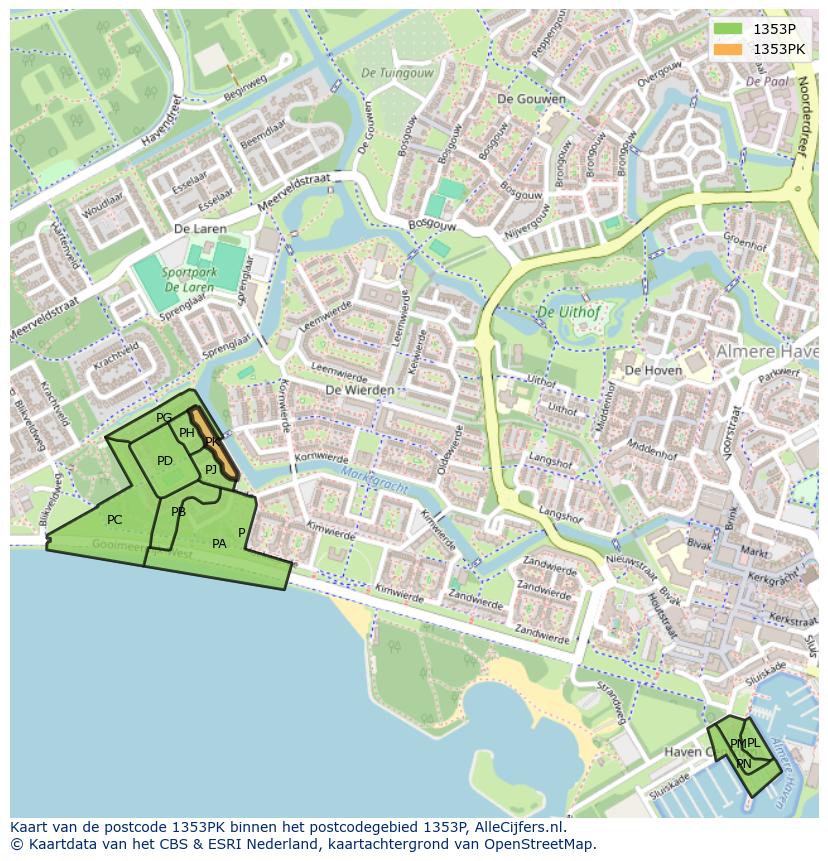 Afbeelding van het postcodegebied 1353 PK op de kaart.