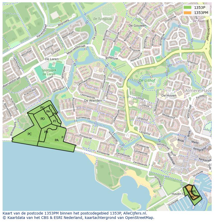 Afbeelding van het postcodegebied 1353 PM op de kaart.