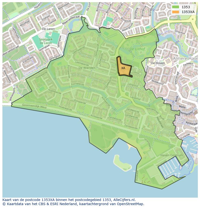 Afbeelding van het postcodegebied 1353 XA op de kaart.