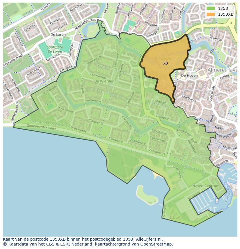 Afbeelding van het postcodegebied 1353 XB op de kaart.