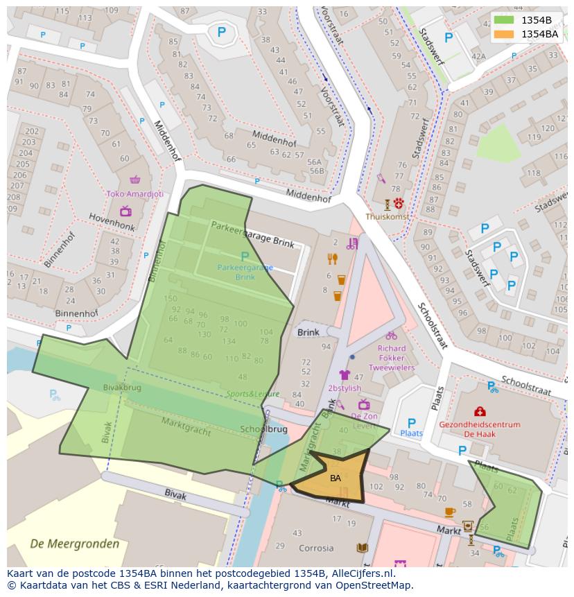 Afbeelding van het postcodegebied 1354 BA op de kaart.