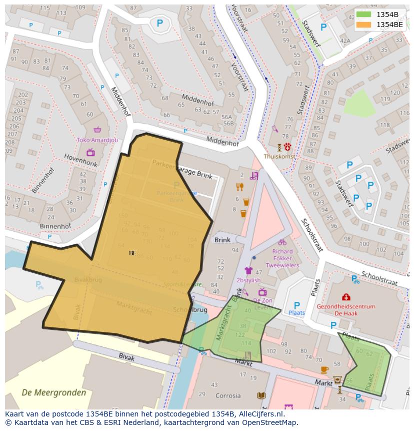 Afbeelding van het postcodegebied 1354 BE op de kaart.
