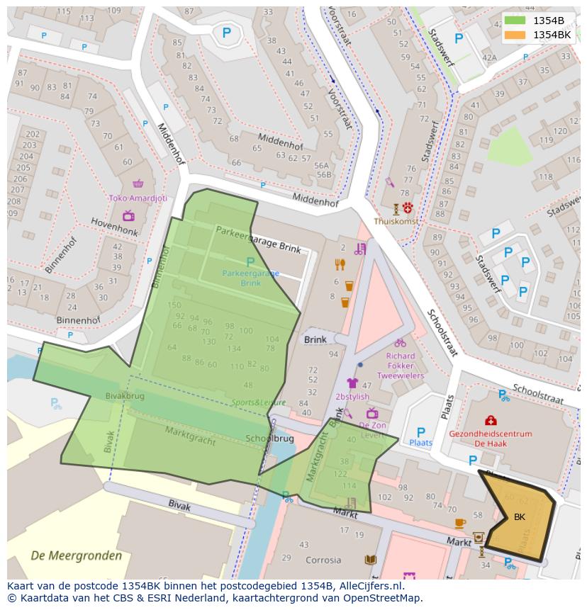 Afbeelding van het postcodegebied 1354 BK op de kaart.