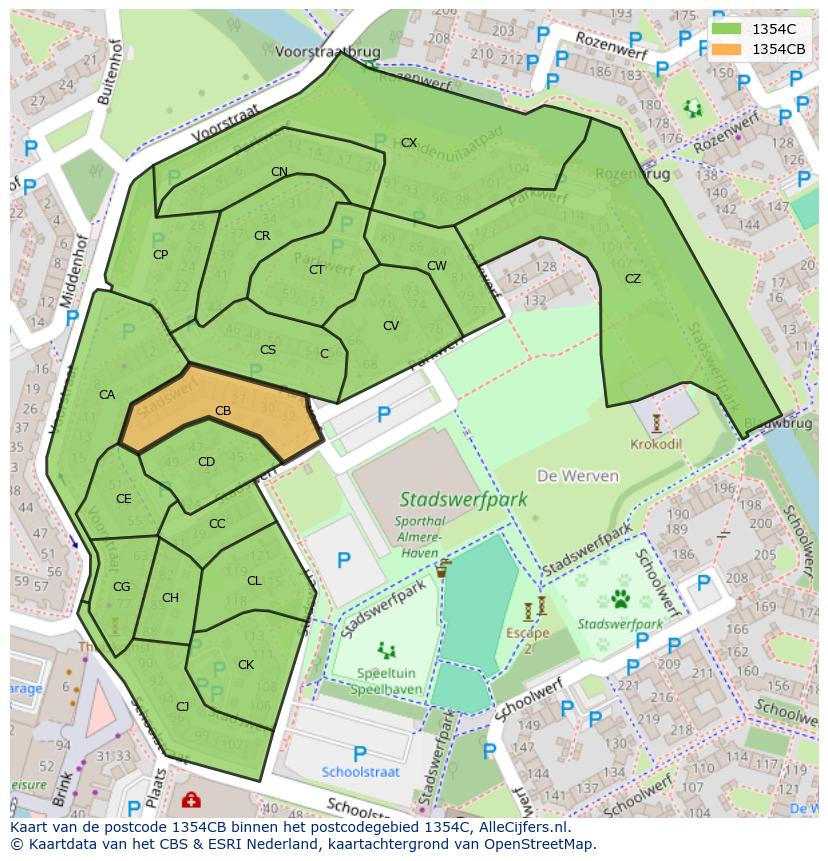 Afbeelding van het postcodegebied 1354 CB op de kaart.