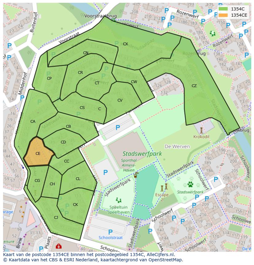 Afbeelding van het postcodegebied 1354 CE op de kaart.
