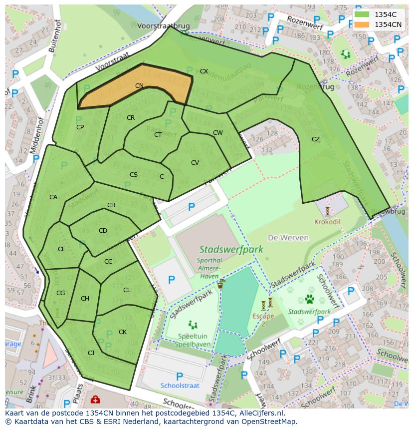 Afbeelding van het postcodegebied 1354 CN op de kaart.