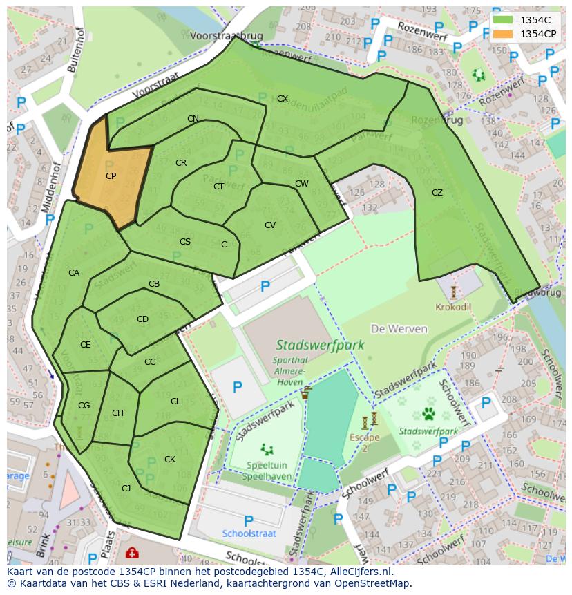 Afbeelding van het postcodegebied 1354 CP op de kaart.