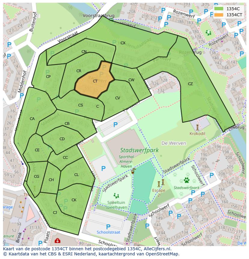 Afbeelding van het postcodegebied 1354 CT op de kaart.