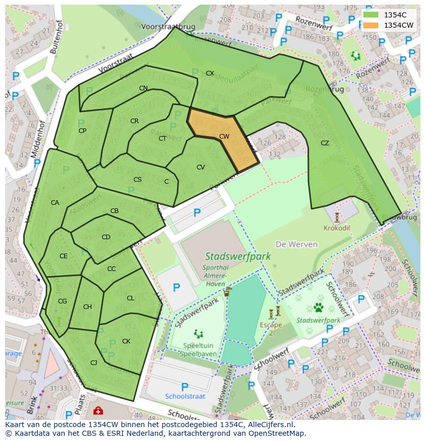 Afbeelding van het postcodegebied 1354 CW op de kaart.