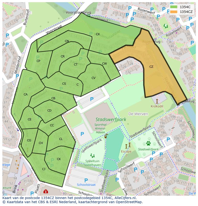 Afbeelding van het postcodegebied 1354 CZ op de kaart.