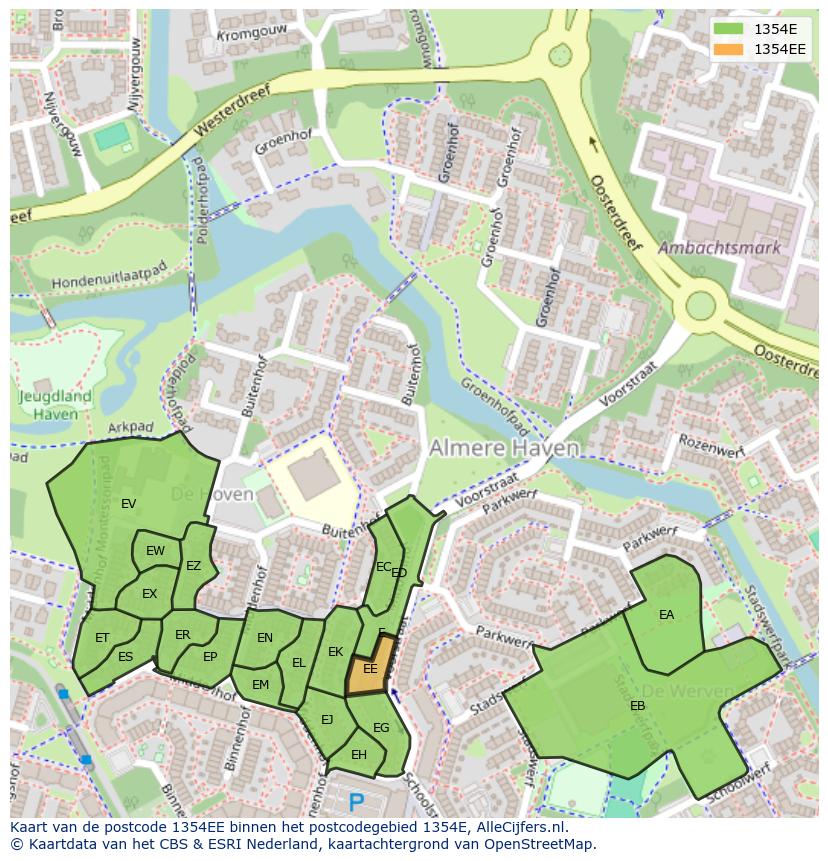 Afbeelding van het postcodegebied 1354 EE op de kaart.