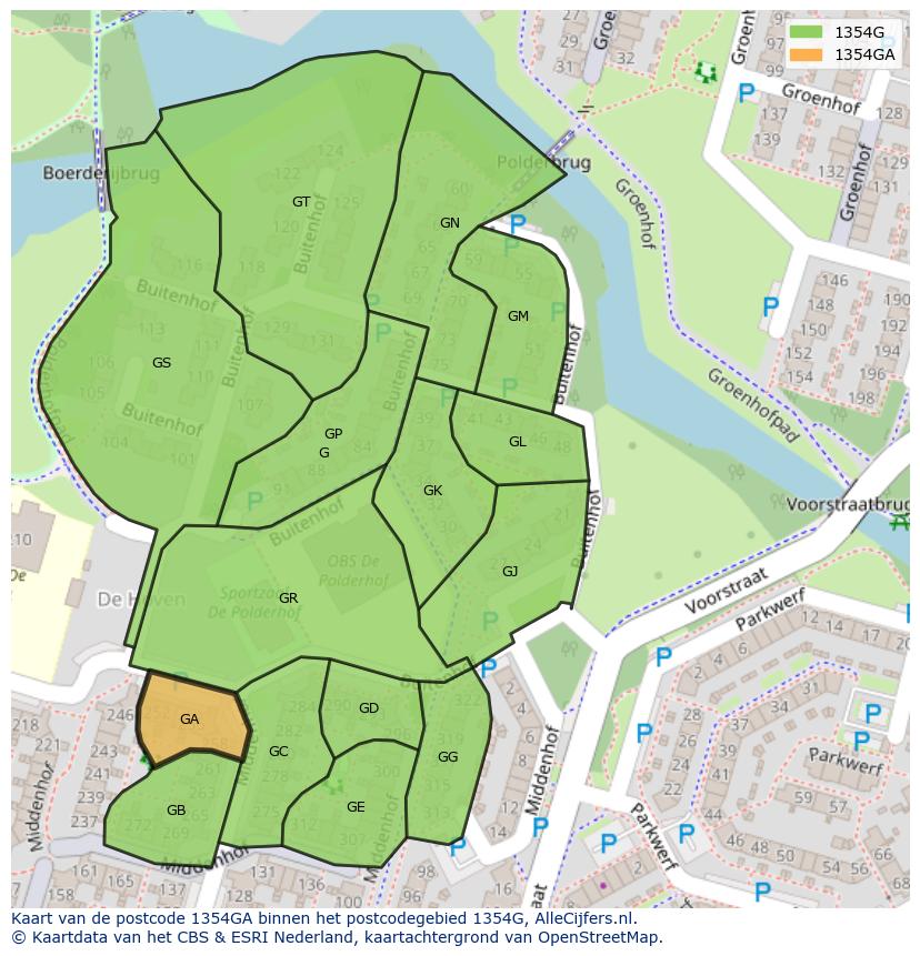 Afbeelding van het postcodegebied 1354 GA op de kaart.