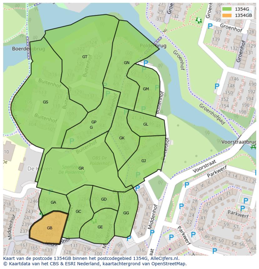Afbeelding van het postcodegebied 1354 GB op de kaart.