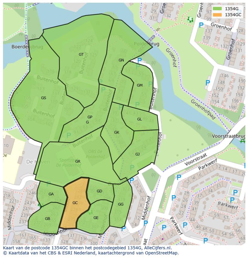 Afbeelding van het postcodegebied 1354 GC op de kaart.
