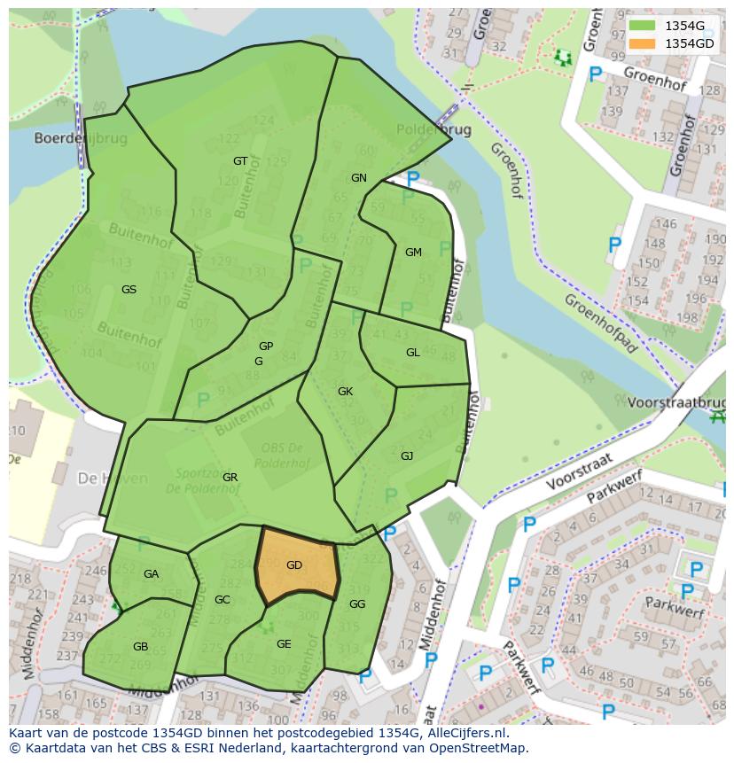 Afbeelding van het postcodegebied 1354 GD op de kaart.